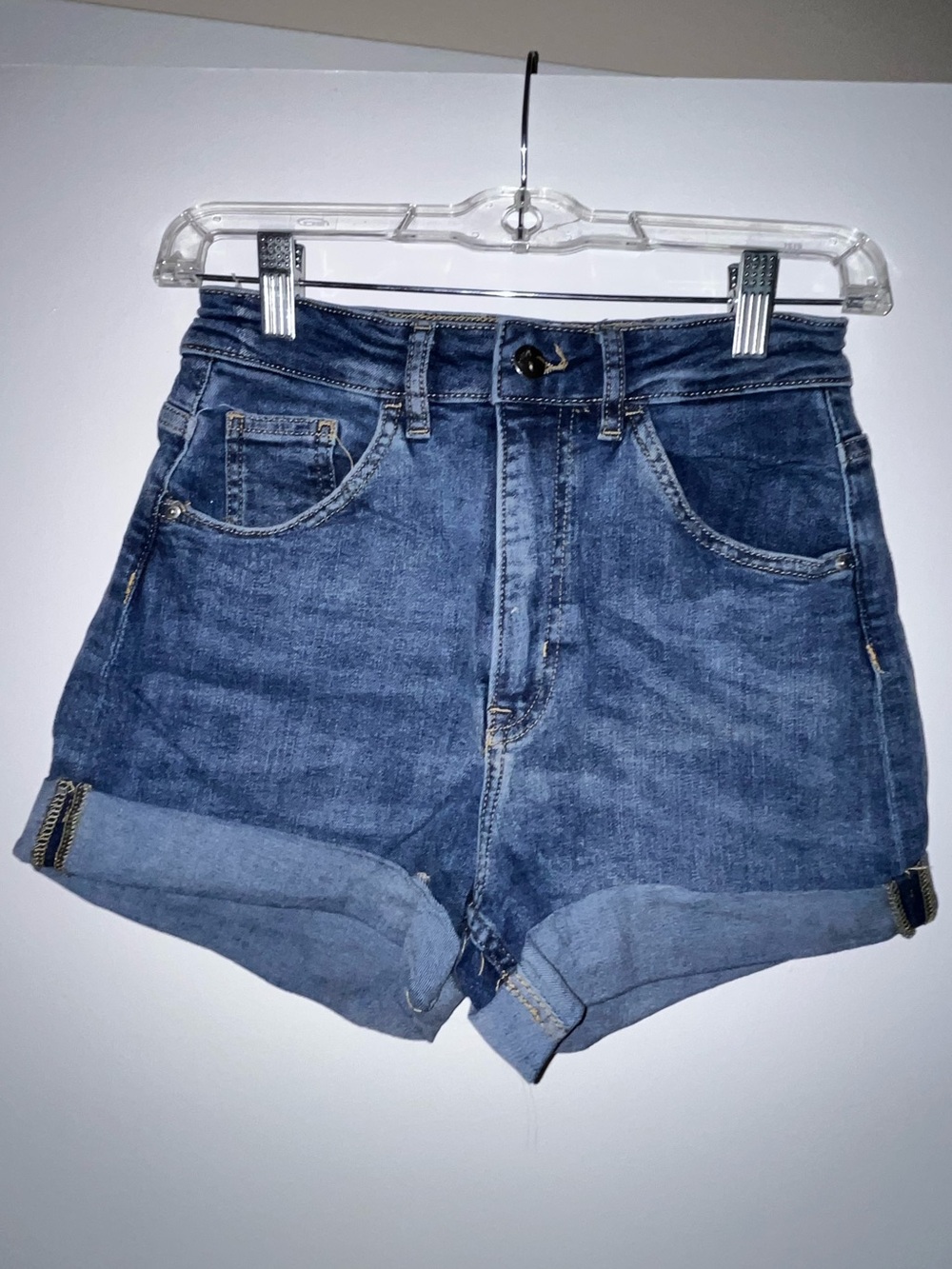 H&M High-Waist Denim Roll-Cuff Shorts - Blue